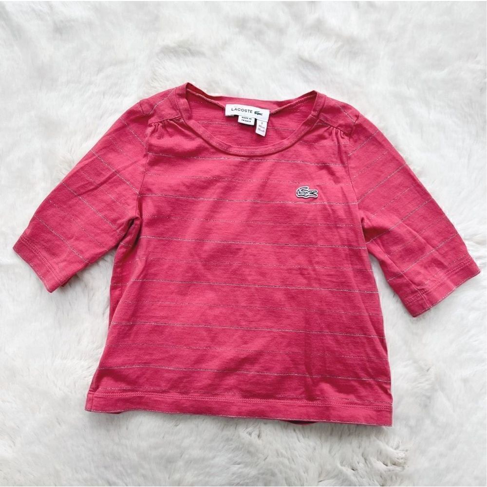 Lacoste Girl's Long Sleeve Lurex Sparkle Stripe Tee Shirt Pink Silver size 2